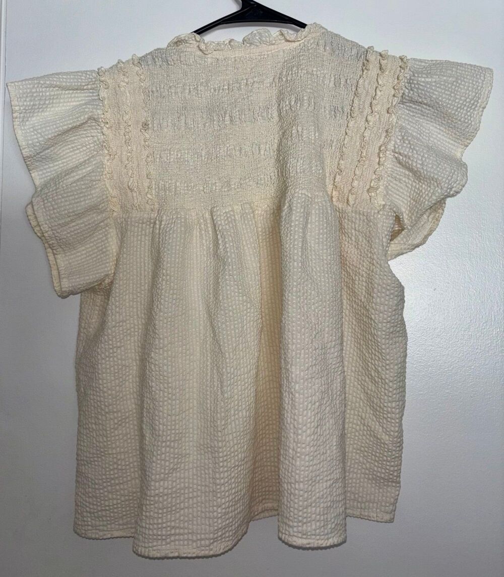 THML Anthro Butter Yellow Seersucker Smocked Tassel Flutter Sleeve Top M - Picture 4 of 6